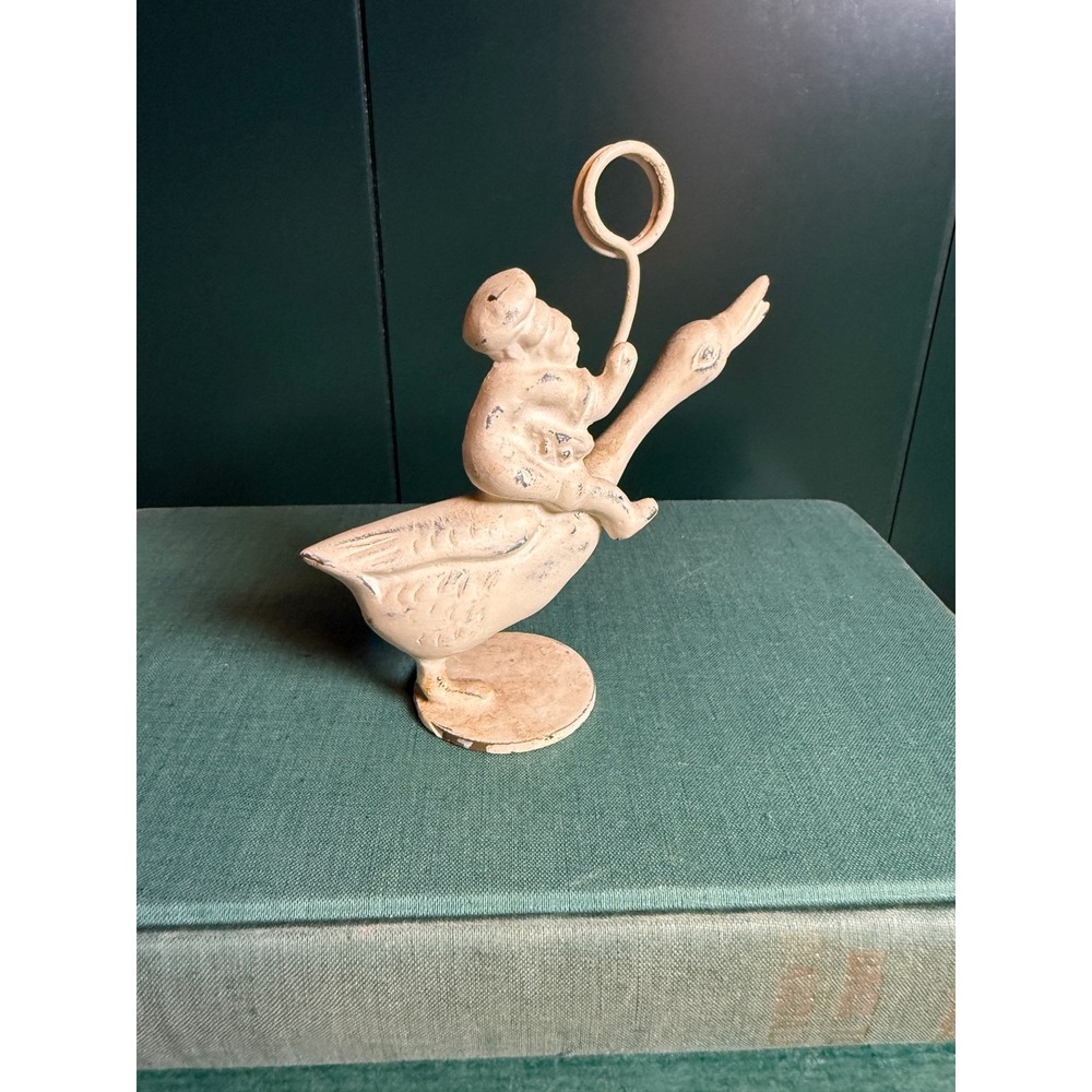 Vtg Farmhouse Cast Iron Goose & Rider Ring Loop Paperweight Decor - Picture 9 of 11